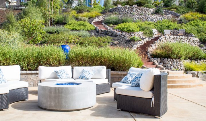 Contemporary hillside terracing with fun walkways throughout the wandering gardens