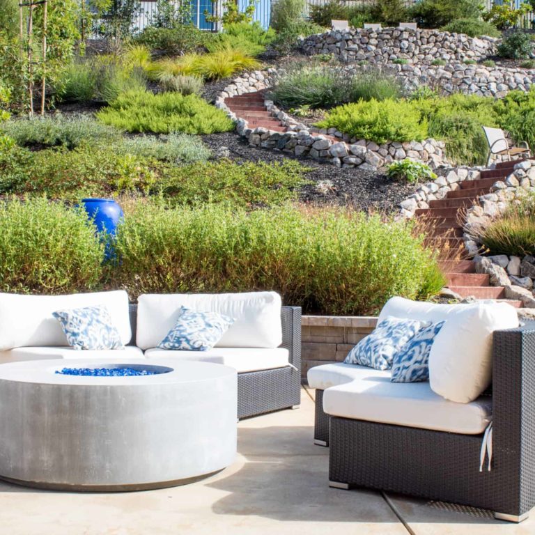 Contemporary hillside terracing with fun walkways throughout the wandering gardens Contemporary hillside terracing with fun walkways throughout the wandering gardens